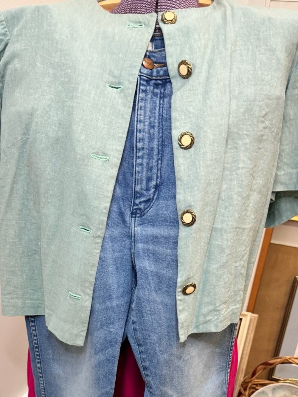 Vintage linen blend Light Teal Button-Front Women's Jacket:top, coastal, 90s